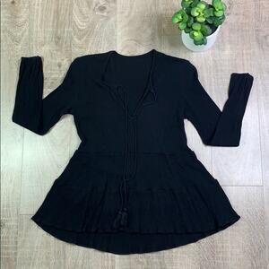 Kenzie Black Tiered Tie Front Long Sleeve Blouse Womens